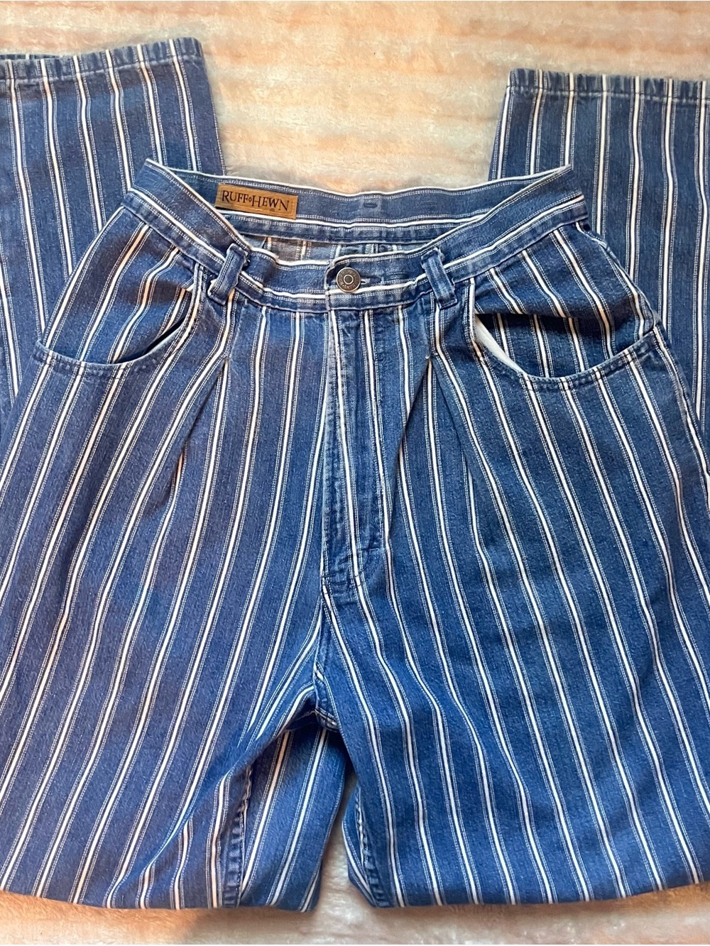 Vintage 90s Ruff Hewn Womens High Waisted Navy Blue Pinstripe Relaxed Mom Jeans